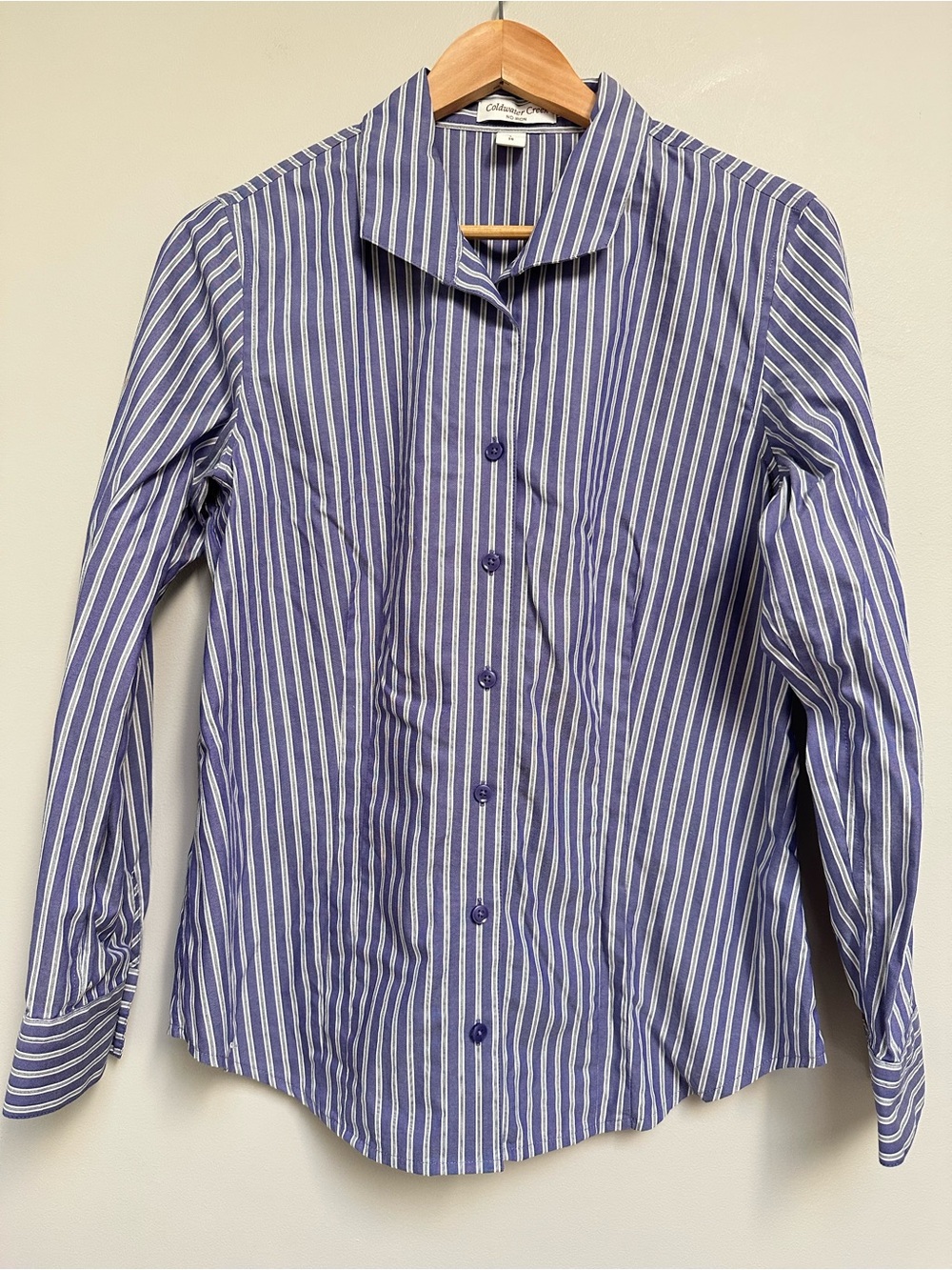 Coldwater Creek No Iron Blouse Large 14 Purple Stripe Button Down